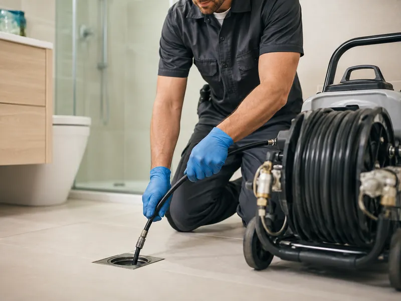Technicien débouchant une canalisation de salle de bain par hydrocurage haute pression